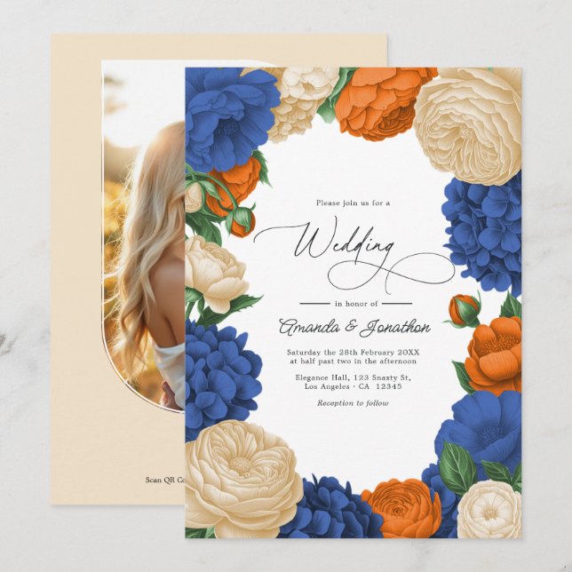 Invitación Navy, Burnt Orange & Champagne Floral Wedding (Anverso / Reverso)