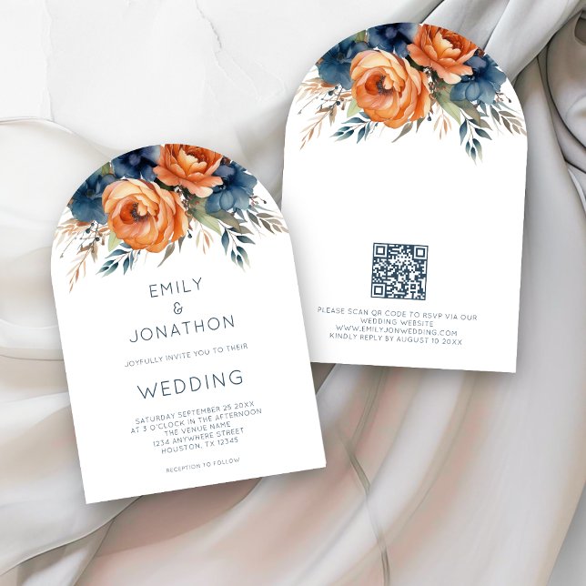 Invitación Navy Burnt Orange Florals QR Code Wedding Arch (Subido por el creador)