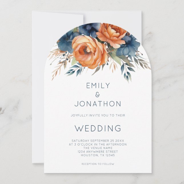 Invitación Navy Burnt Orange Florals QR Code Wedding Arch (Anverso)