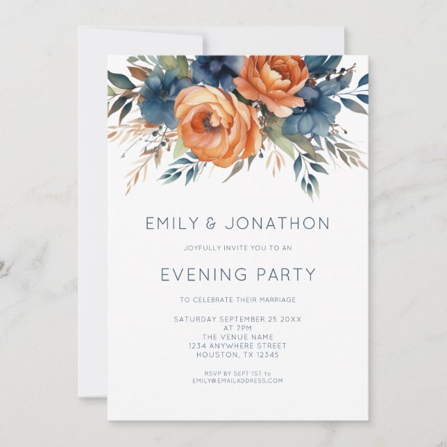 Invitación Navy Burnt Orange Florals Wedding Evening Party (Anverso)