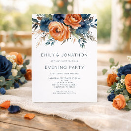 Invitación Navy Burnt Orange Florals Wedding Evening Party