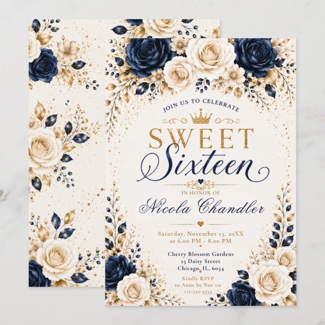 Invitación Navy Champagne Dulces Dieciséis (Anverso / Reverso)