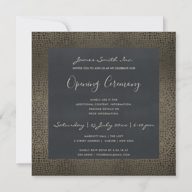 INVITACIÓN NAVY COPPER MOSAIC DOTS GRAND OPENING CEREMONY (Anverso)