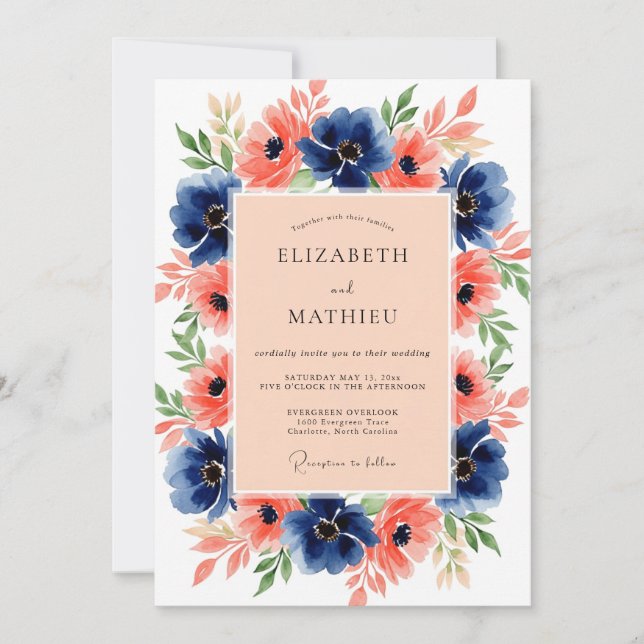 Invitación Navy Coral Blossoming Summer Wedding (Anverso)