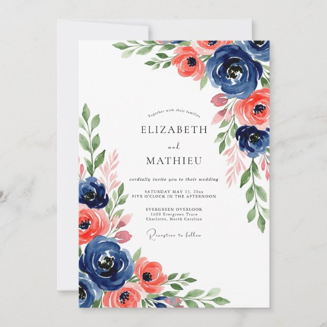 Invitación Navy Coral Botanical Bloom Wedding (Anverso)
