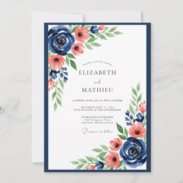 Invitación Navy Coral Floral Romance Wedding (Anverso)