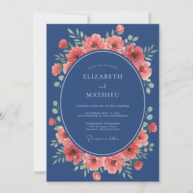 Invitación Navy Coral Floral Whimsical Wedding (Anverso)
