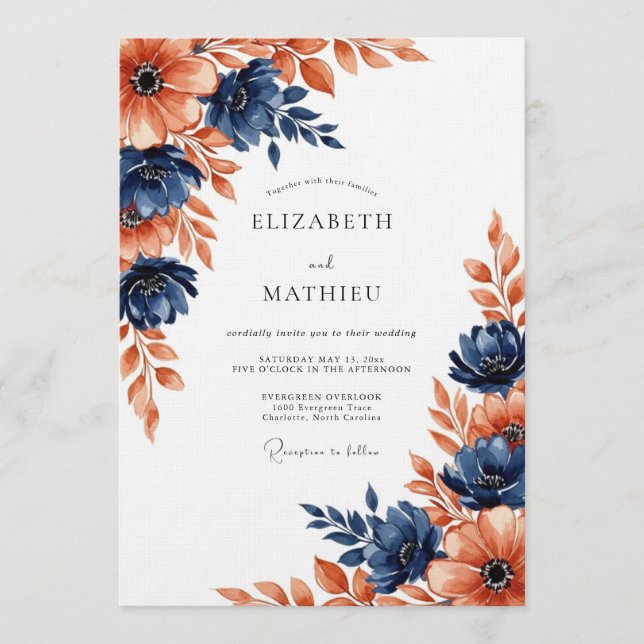 Invitación Navy Coral Painterly Blossom Wedding (Anverso)