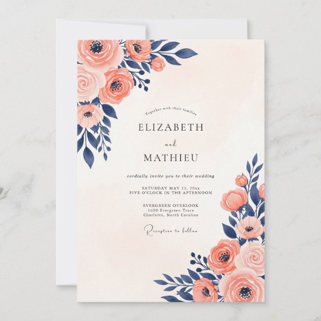 Invitación Navy Coral Painterly Summer Wedding (Anverso)