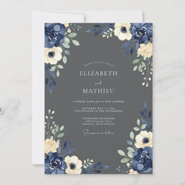 Invitación Navy Cream Floral Wedding (Anverso)