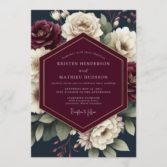 Invitación Navy & Crimson Moody Bloom Wedding (Anverso)