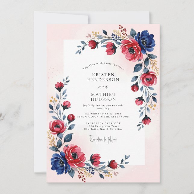Invitación Navy Crimson Romantic Summer Wedding (Anverso)