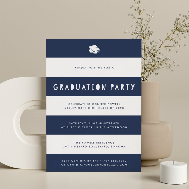 Invitación Navy | Cutout Stripe Graduation Party (Subido por el creador)
