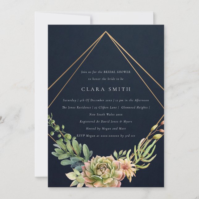 INVITACIÓN NAVY DESERT SUCCULENT CACTI FOLIAGE BRIDAL DUCHA (Anverso)