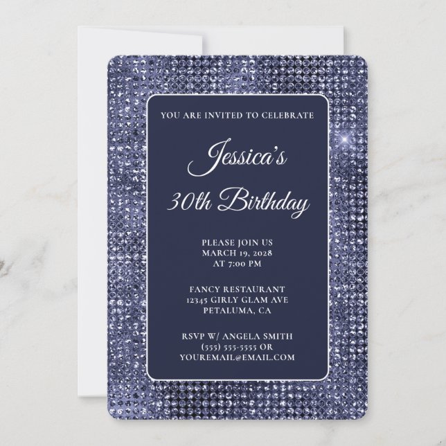 Invitación Navy Disco Purpurina 30 cumpleaños (Anverso)