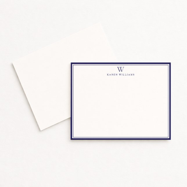 Invitación Navy Double Border Monogram Off-White Note Card (Subido por el creador)
