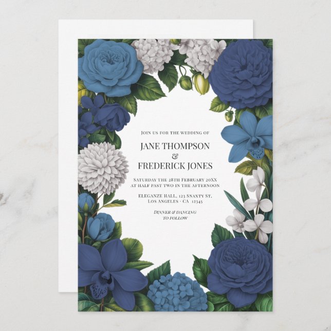 Invitación Navy, Dusty Blue & Silver Floral Wedding (Anverso / Reverso)