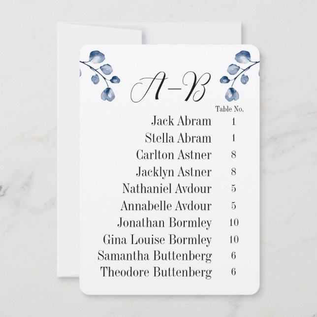 Invitación Navy Eucalyptus Alphabet 10 Guest Table Chart Card (Reverso)