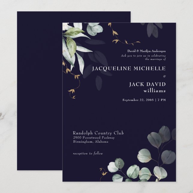Invitación Navy Eucalyptus Elegance Bride Padres Boda (Anverso / Reverso)
