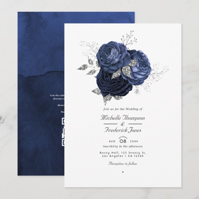Invitación Navy & Faux Glitter Silver Floral QR Code Wedding (Anverso / Reverso)