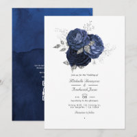 Navy & Faux Glitter Silver Floral QR Code Wedding