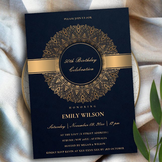 INVITACIÓN NAVY FAUX GOLD MANDALA CUALQUIER AÑO 50 CUMPLEAÑOS (Subido por el creador)