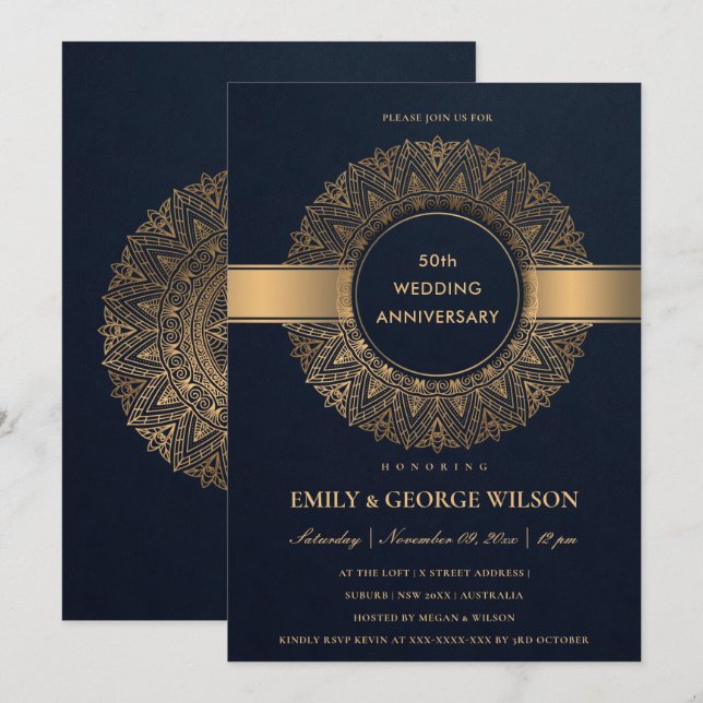 INVITACIÓN NAVY FAUX ORO MANDALA CUALQUIER AÑO 50 ANIVERSARIO (Anverso / Reverso)