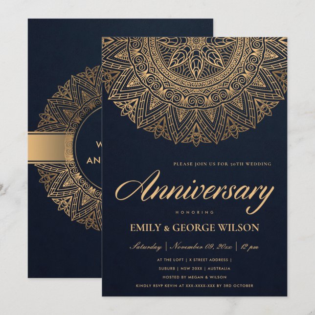INVITACIÓN NAVY FAUX ORO MANDALA CUALQUIER AÑO 50 ANIVERSARIO (Anverso / Reverso)
