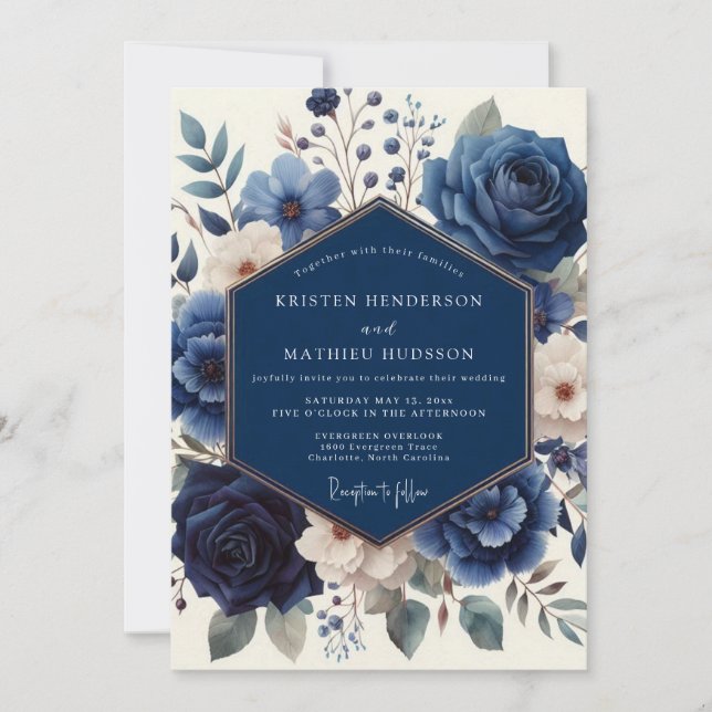 Invitación Navy Floral Artistry Wedding (Anverso)