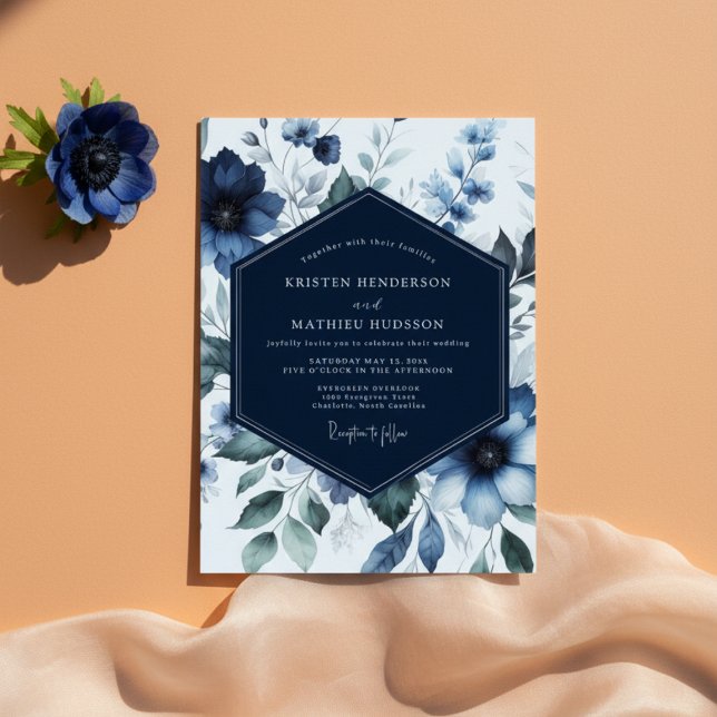 Invitación Navy Floral Bloom Romance Wedding (Subido por el creador)