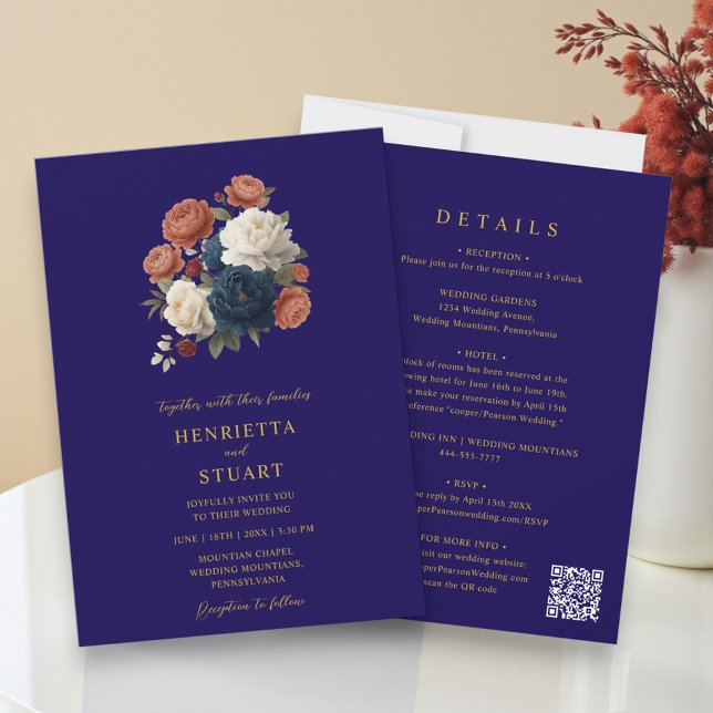 Invitación Navy Floral Botanical All-in-One Wedding  (Subido por el creador)