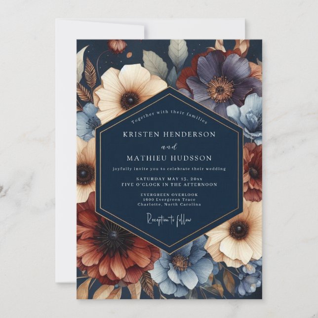 Invitación Navy Floral Moody Bloom Wedding (Anverso)