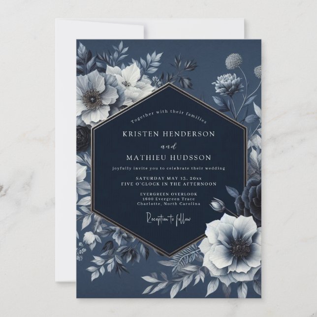 Invitación Navy Floral Nocturnal Romance Wedding (Anverso)