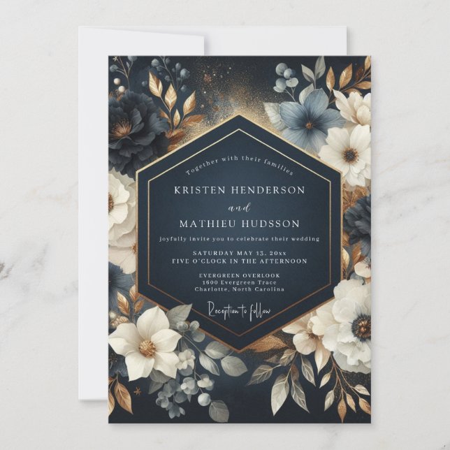 Invitación Navy Floral Opulent Wedding (Anverso)