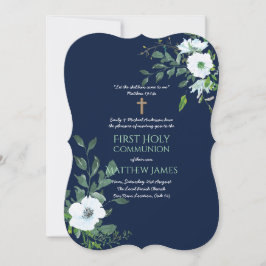 Invitación NAVY Floral Primera Santa Comunión con verso