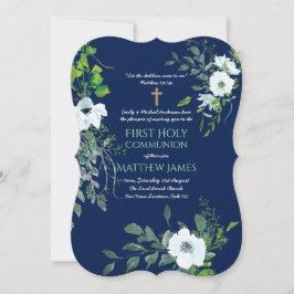 Invitación NAVY Floral Primera Santa Comunión con verso