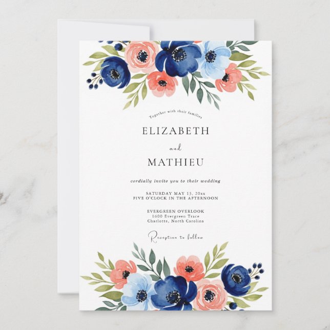Invitación Navy Floral Romantic Wedding (Anverso)