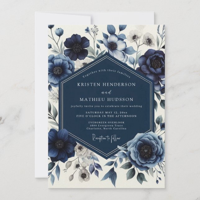 Invitación Navy Floral Romantic Wedding (Anverso)