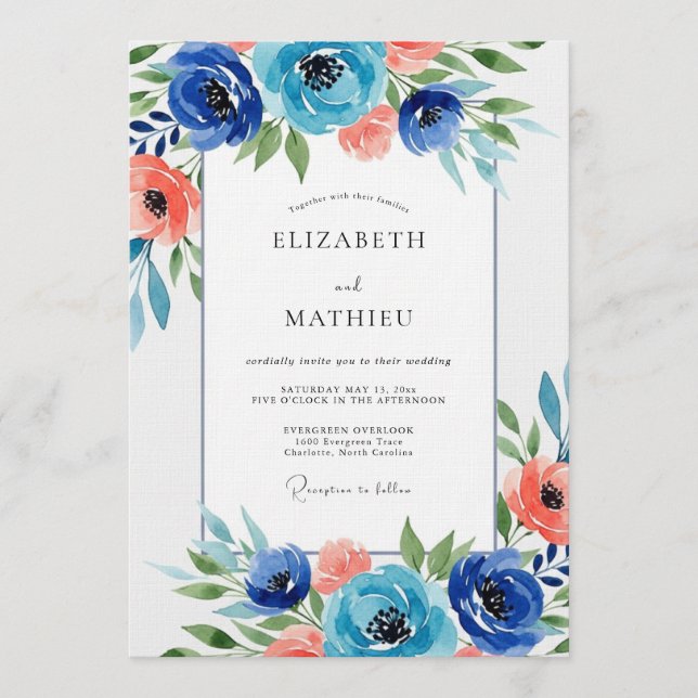 Invitación Navy Floral Watercolor Wedding (Anverso)