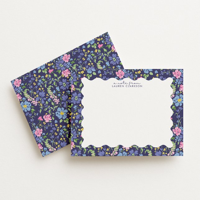 Invitación Navy Floral Wavy Frame Note Card (Subido por el creador)