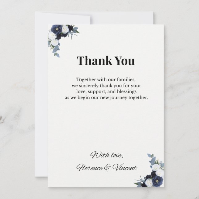 Invitación Navy Floral Wedding Thank You Card (Anverso)