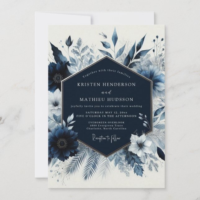 Invitación Navy Floral Winter Romance Wedding (Anverso)