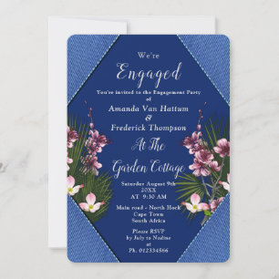 Invitación Navy - Flores Azules y Rosadas Compromiso