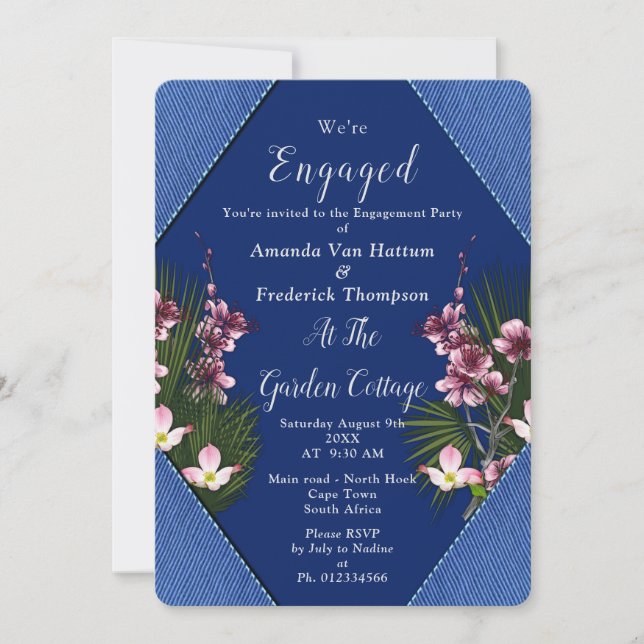 Invitación Navy - Flores Azules y Rosadas Compromiso (Anverso)