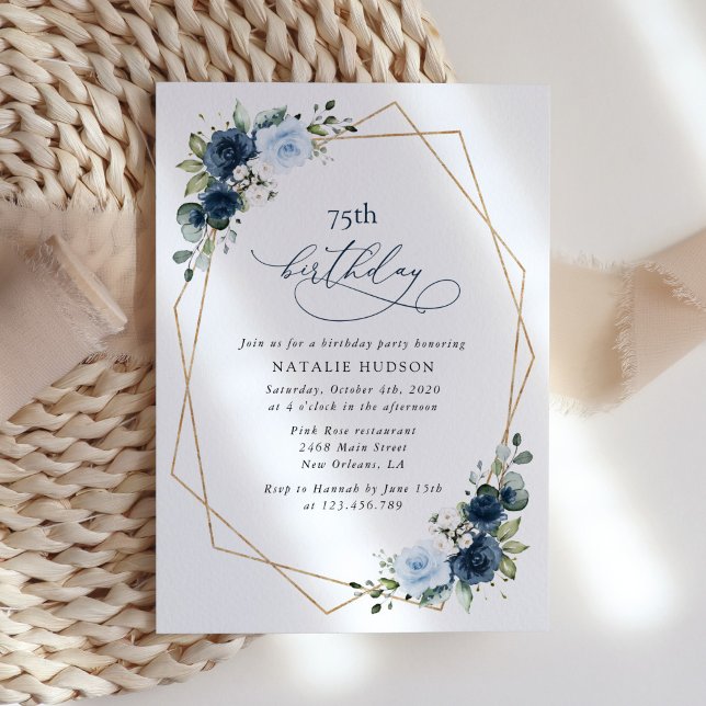 Invitación Navy Flowers, Blue Flowers, Greenery, Birthday (Subido por el creador)