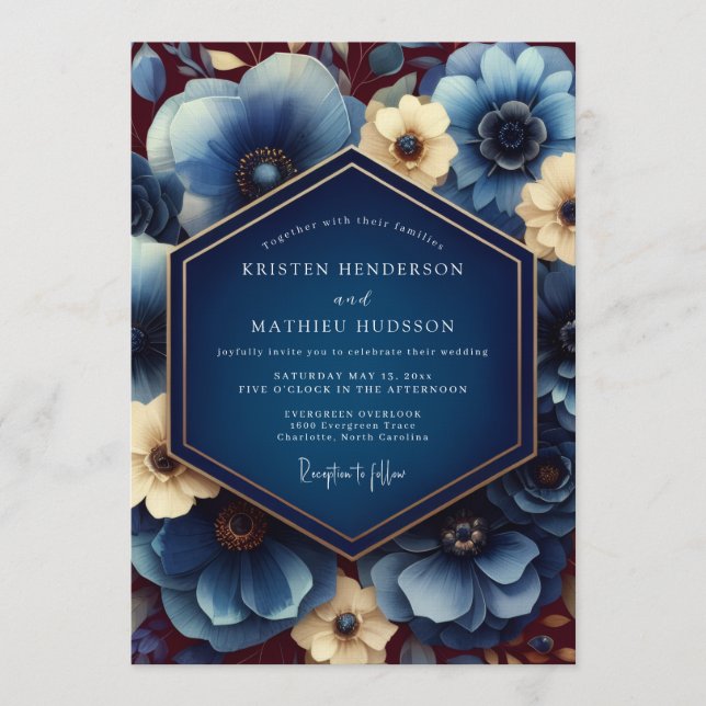 Invitación Navy Gilded Anemone Wedding (Anverso)