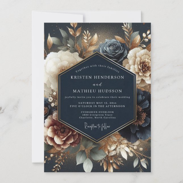 Invitación Navy Gilded Bloom Wedding (Anverso)