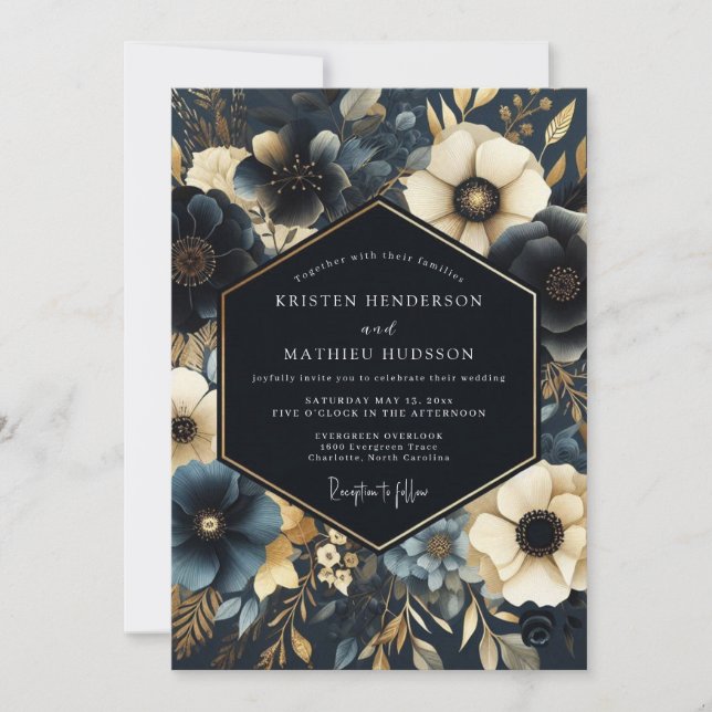 Invitación Navy Gilded Floral Wedding (Anverso)