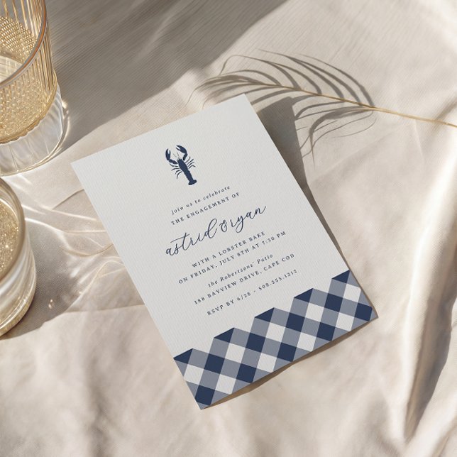 Invitación Navy Gingham | Partido de compromiso de Bake de la (Coastal lobster engagement party invitations)