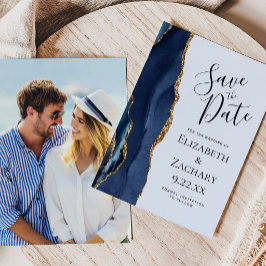 Invitación Navy Gold Agata Azul Pálido Foto Save the Date
